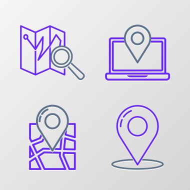 Set line Map pin, Folded map with location marker, Laptop and icon. Vector