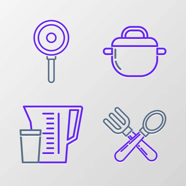 Set line Crossed fork and spoon, Measuring cup, Cooking pot and Frying pan icon. Vector —  Vetores de Stock