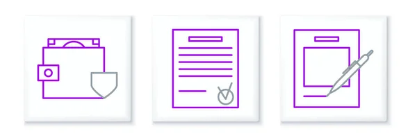 Set line Blank notebook and pen, Wallet money with shield and Confirmed document check mark icon. Vector — Stockvektor
