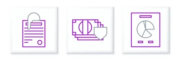 Set line Document with graph chart, File document and paper clip and Money shield icon. Vector — Stock vektor