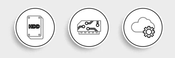 Set line Cloud technology data transfer and storage, Hard disk drive HDD and RAM, random access memory icon. Vector — Archivo Imágenes Vectoriales