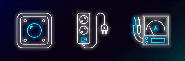 Set line Ampere meter, multimeter, voltmeter, Electric light switch and extension cord icon. Glowing neon. Vector — 스톡 벡터