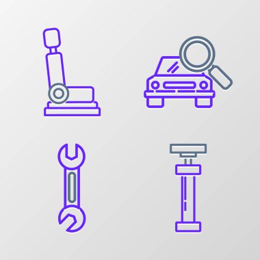 Çizgi, İngiliz anahtarı, araba araması ve koltuk ikonu. Vektör