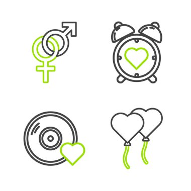 Set line Balloons in form of heart, Romantic music, Heart the center alarm clock and Gender icon. Vector