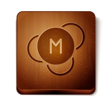 Kahverengi molekül simgesi beyaz arkaplanda izole edildi. Kimya moleküllerinin yapısı, fen öğretmenlerinin yenilikçi eğitim posteri. Tahta kare düğme. Vektör