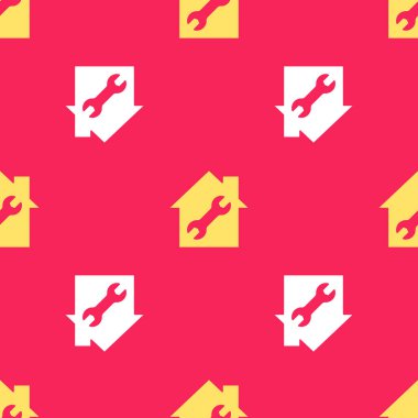 Sarı Ev ya da ev anahtarı simgesi kırmızı arka planda izole edilmiş. Ayarlama, servis, ayar, bakım, onarım, onarım. Vektör