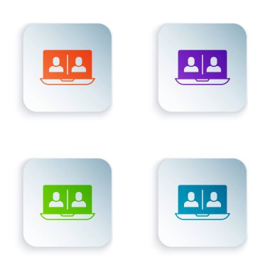 Renkli Video sohbet konferansı simgesi beyaz arkaplanda izole edildi. Çevrimiçi iş görüşmesi formu. Uzak proje yönetimi. Kare düğmelere renkli simgeleri yerleştir. Vektör