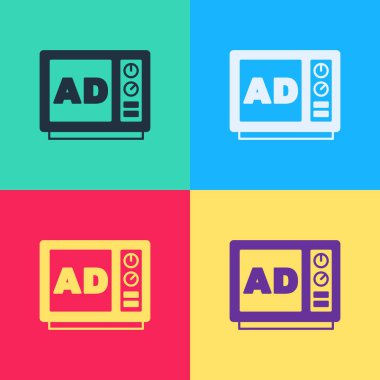 Pop Art Reklamcılık simgesi renk arkaplanında izole edildi. Pazarlama ve tanıtım süreci kavramı. İlgili reklamlar. Sosyal medya reklamcılığı. Vektör