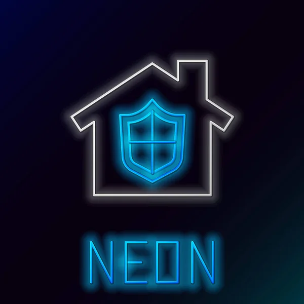 보호 아이콘으로 지정 된 네온 라인 하우스는 검은 배경에서 만 고립되어 있습니다. 집 과 방패. 보호, 안전, 보안, 보호, 방어 개념. 화려 한 윤곽 개념. Vector — 스톡 벡터