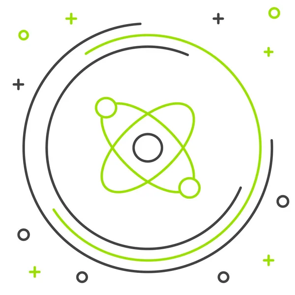 Icono del átomo de línea aislado sobre fondo blanco. Símbolo de ciencia, educación, física nuclear, investigación científica. Concepto de esquema colorido. Vector — Archivo Imágenes Vectoriales