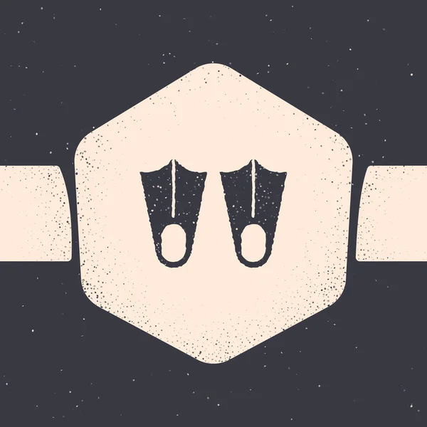 Grunge Rubber flippers for swimming icon isolated on grey background. Diving equipment. Extreme sport. Diving underwater equipment. Monochrome vintage drawing. Vector — ストックベクタ