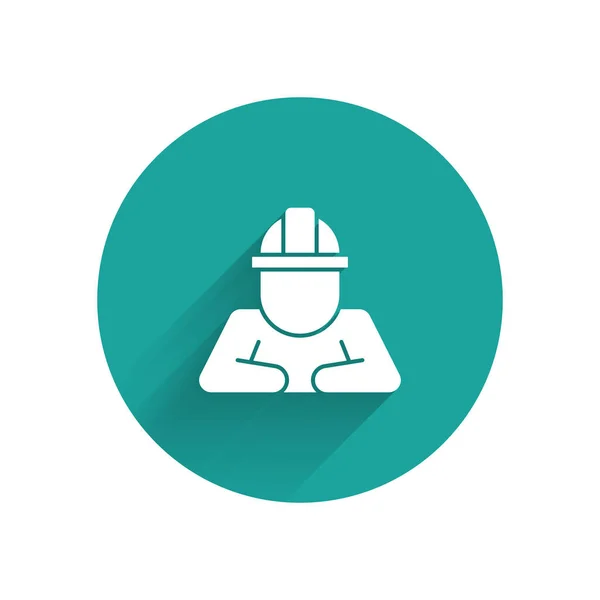 White Builder icon isolated with long shadow. Construction worker. Green circle button. Vector — Stockový vektor