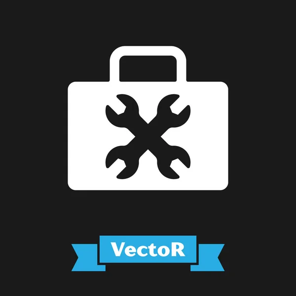 Icono de caja de herramientas blanca aislado sobre fondo negro. Signo de caja de herramientas. Vector — Vector de stock