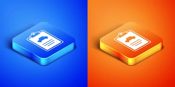 Isometric Car inspection icon isolated on blue and orange background. Car service. Square button. Vector — Vetor de Stock