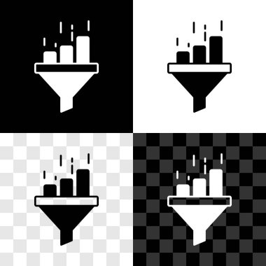 Satış hunisini pazarlama ve girişim simgesi olarak siyah beyaz, şeffaf arkaplanda izole edilmiş bir grafikle ayarla. Bilgi şablonu. Vektör