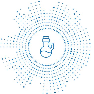 Mavi çizgi esansiyel yağ şişesi simgesi beyaz arka planda izole edildi. Organik aromaterapi özü. Cilt bakımı serumu cam bırakma paketi. Soyut çember rastgele noktalar. Vektör