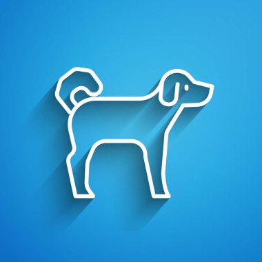 Beyaz çizgi köpek simgesi mavi arkaplanda izole edildi. Uzun gölge. Vektör