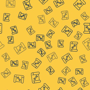 Blue line Graphing paper for engineering and wrench icon isolated seamless pattern on yellow background. Vector
