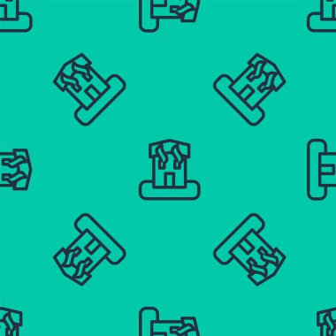 Mavi çizgi kundaklama ev ikonu yeşil arka planda kusursuz desen izole etti. Yangın var. Ofis pencerelerindeki alevler. Yanık tesisi. Kendiliğinden olan bir felaket. Vektör