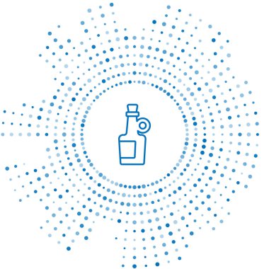 Mavi çizgili alkol, beyaz arka planda izole edilmiş rom şişesi ikonu. Soyut çember rastgele noktalar. Vektör