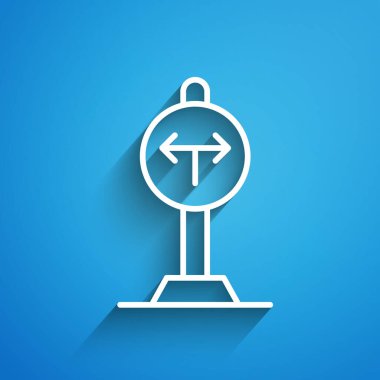 Yol simgesindeki beyaz çatal mavi arkaplanda izole edilmiş. Uzun gölge. Vektör