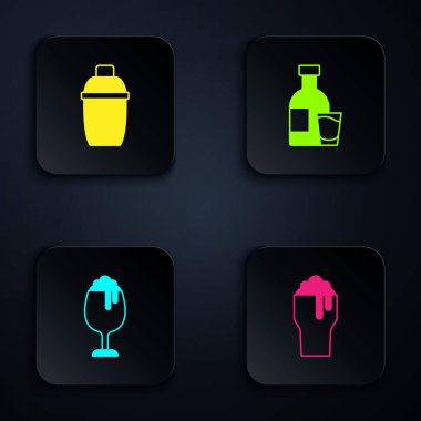 Set Glass of beer, Cocktail shaker, and Bottle vodka with glass. Black square button. Vector
