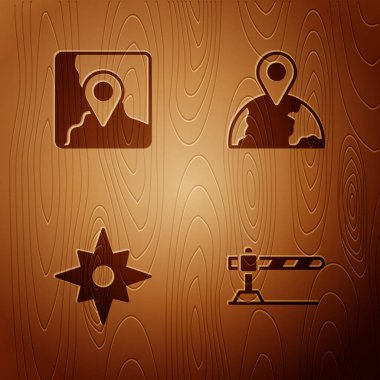 Otomobil bariyerini ayarlayın, konum işaretleyicisi ile katlanmış harita, Rüzgar gülü ve tahtadan arka planda dünyanın konumu. Vektör