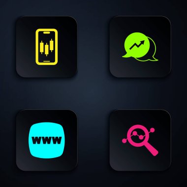 Arama veri analizini, mobil hisse senedi ticaretini, web sitesi şablonunu ve finansal büyümeyi ayarla. Siyah kare düğme. Vektör