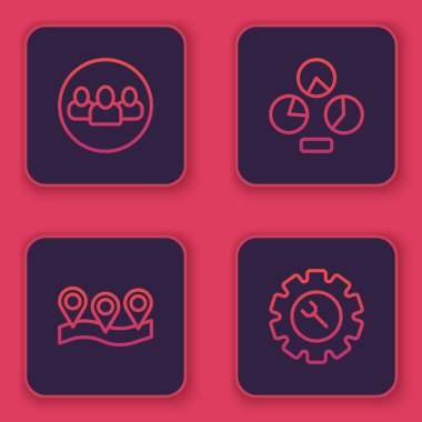 Hat Proje Ekibi Üssü, Konum, Pasta Çizelgesi İnfografik ve Anahtarlık ve Teçhizatı Ayarlayın. Mavi kare düğme. Vektör