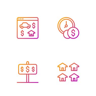 Set hattı Emlak, Dolarlı Ev, Çevrimiçi Gerçek ve Zaman paradır. Renk simgeleri. Vektör