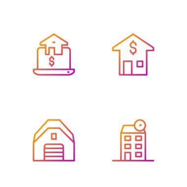 Set hattı House, Garaj, Online emlak ve dolar. Renk simgeleri. Vektör