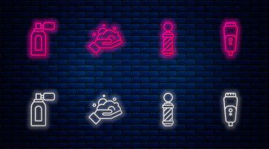 Sırada traş köpüğü, klasik berber dükkanı direği, traş losyonu ve elektrikli tıraş bıçağı var. Tuğla duvarda parlayan neon simgesi. Vektör
