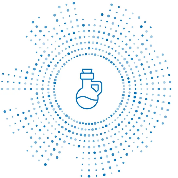 Mavi çizgi esansiyel yağ şişesi simgesi beyaz arka planda izole edildi. Organik aromaterapi özü. Cilt bakımı serumu cam bırakma paketi. Soyut çember rastgele noktalar. Vektör