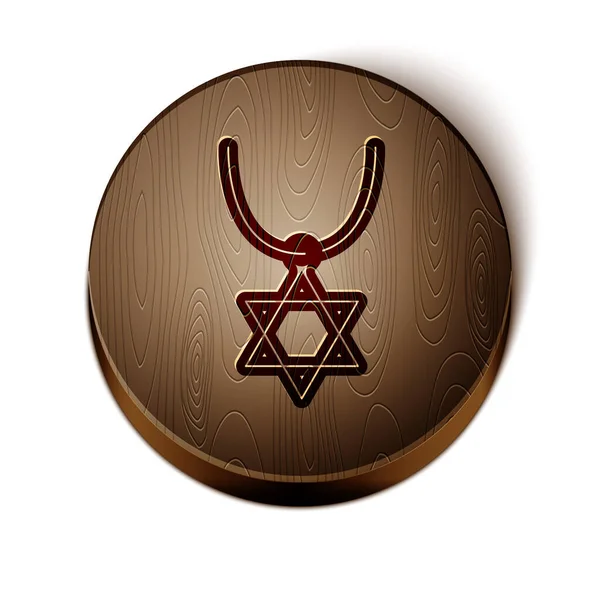 Brown line Star of David necklace on chain icon isolated on white background. Jewish religion symbol. Symbol of Israel. Jewellery and accessory. Wooden circle button. Vector — Διανυσματικό Αρχείο