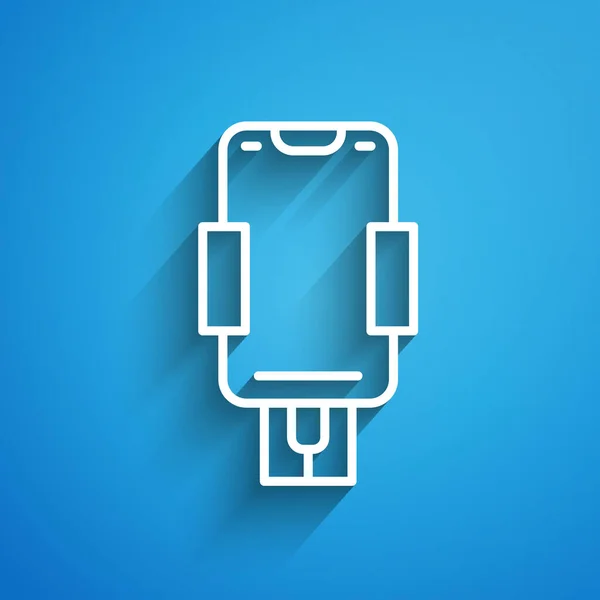 White line Mobile phone holder icon isolated on blue background. Long shadow. Vector — Image vectorielle