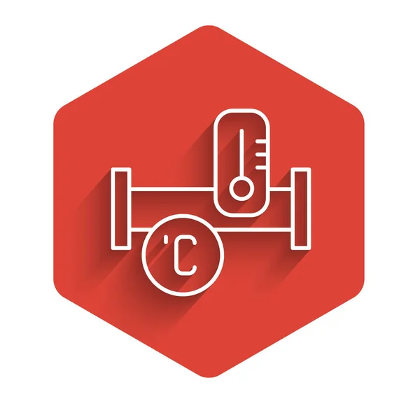 White line Industry metallic pipe and temperature icon isolated with long shadow. Plumbing pipeline parts of different shapes. Red hexagon button. Vector — Wektor stockowy