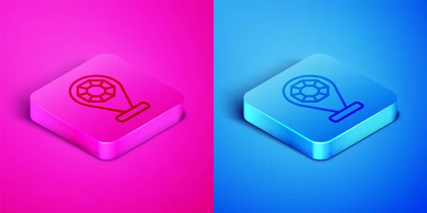 Línea isométrica Icono de la joyería de la fachada delantera del edificio aislado sobre fondo rosa y azul. Botón cuadrado. Vector — Vector de stock