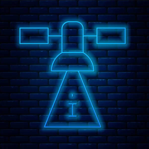 Parlayan neon hattı uydu ikonu tuğla duvar arka planında izole edildi. Vektör