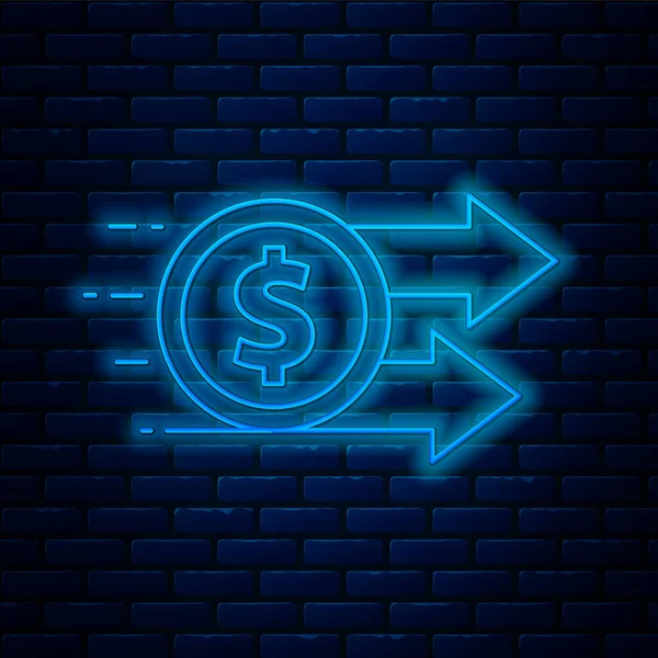 Glowing neon line Financial growth dollar coin icon isolated on brick wall background. Increasing revenue. Vector — Wektor stockowy