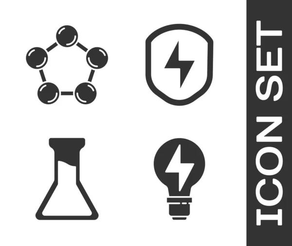 Állítsa villám izzó, molekula, kémcső és lombik és biztonságos pajzs villám ikon. Vektor — Stock Vector