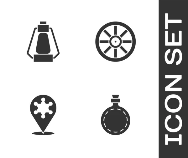 Set Canteen water bottle, Camping lantern, Hexagram sheriff and Old wooden wheel icon. Vector — Wektor stockowy