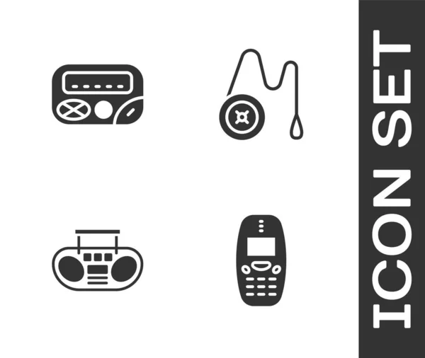 Set Old mobile phone, Pager, Home stereo with two speakers and Yoyo toy icon. Vector — 스톡 벡터
