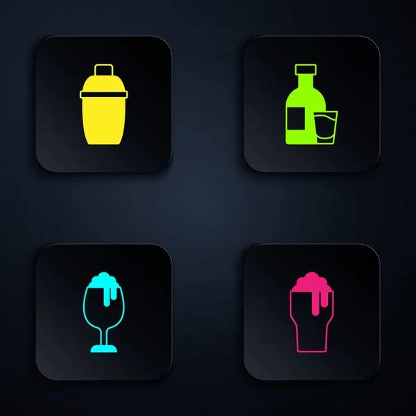 Set Glass of beer, Cocktail shaker, and Bottle vodka with glass. Black square button. Vector — Vetor de Stock
