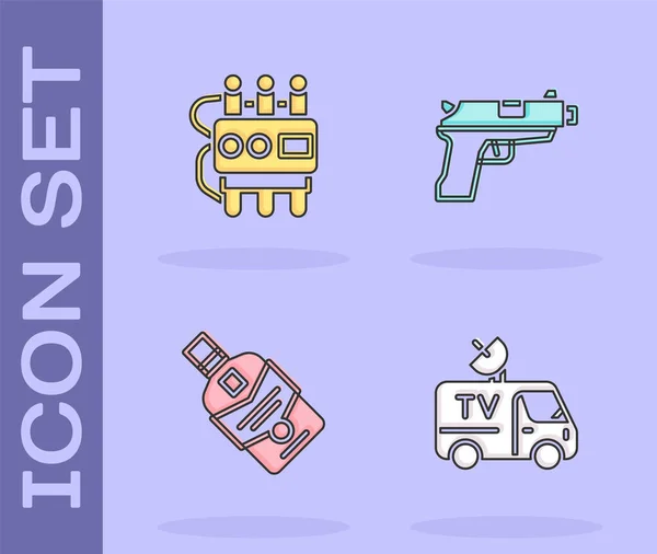 Set TV News car, Dynamite and timer clock, Whiskey bottle and Pistol or gun icon. Vector — Stock vektor