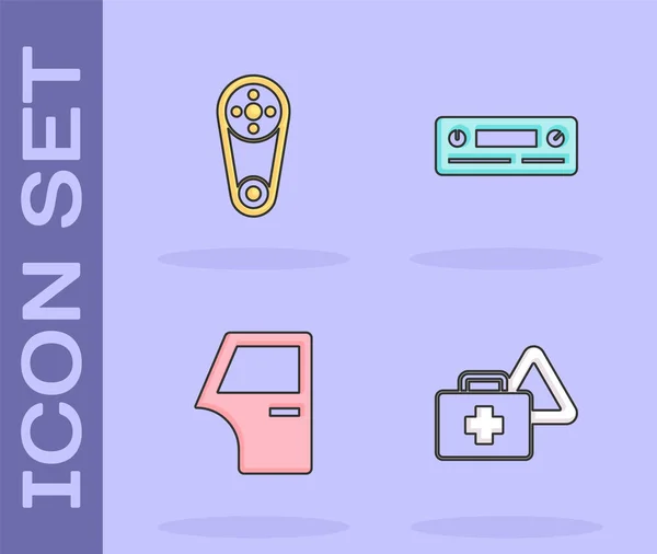 Set First aid kit and warning triangle, Timing belt, Car door and Audio icon. Vector — Wektor stockowy