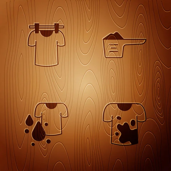 Установите грязную футболку, сушильную одежду и стиральный порошок на деревянном фоне. Вектор — стоковый вектор