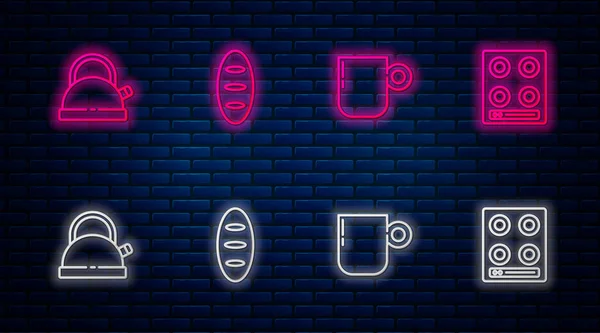 Set line Bread loaf, Coffee cup, Kettle with handle and Gas stove. Glowing neon icon on brick wall. Vector — стоковый вектор