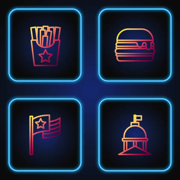 Set line White House, American flag, Potatoes french fries in box and Burger. Gradient color icons. Vector — Vettoriale Stock