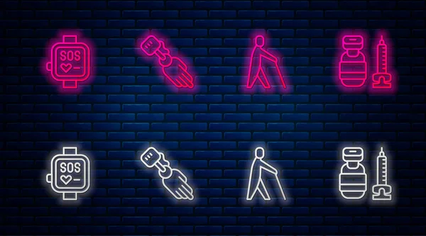 Protez el, kör insan tutacağı, akıllı saat ve şırınga. Tuğla duvarda parlayan neon simgesi. Vektör