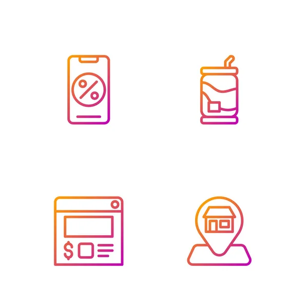 Set line Location Market store, Online ordering and delivery, Percent discount mobile and Soda can. Gradient color icons. Vector — ストックベクタ